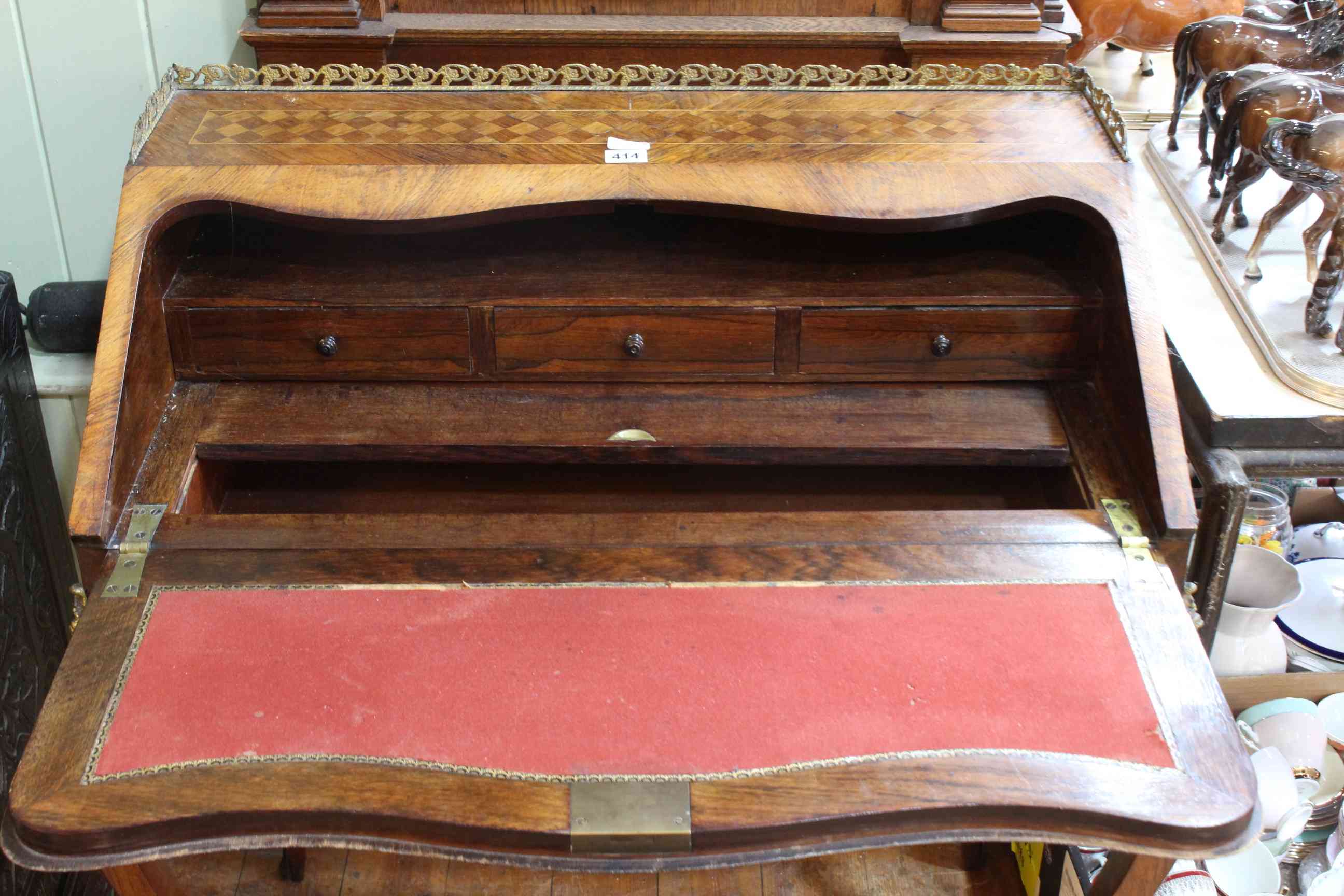 Contemporary marquetry inlaid, painted and brass mounted ladies writing desk, 93cm by 83cm by 48cm. - Image 2 of 2