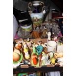 Large lidded vase and stand, assorted glassware, cruet sets and condiments, etc.