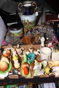 Large lidded vase and stand, assorted glassware, cruet sets and condiments, etc.