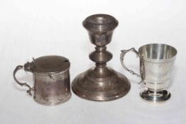 Victorian silver lidded mustard pot, London 1869, silver christening cup engraved with swags,