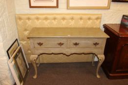 Painted two drawer dresser on cabriole legs and buttoned bed head (2).