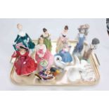 Five Royal Doulton figures including Alexandra, Royal Crown Derby duck paperweights,