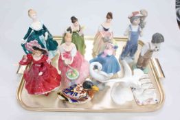 Five Royal Doulton figures including Alexandra, Royal Crown Derby duck paperweights,