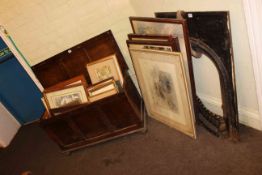 Oak blanket box, collection of pictures, cast fireplace and two glazed door wall cabinets.