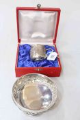 Cased white metal christening mug and embossed white metal tazza (2).