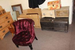Buttoned fabric nursing chair, cantilever sewing box, trunk, two boxes, brass slipper box,
