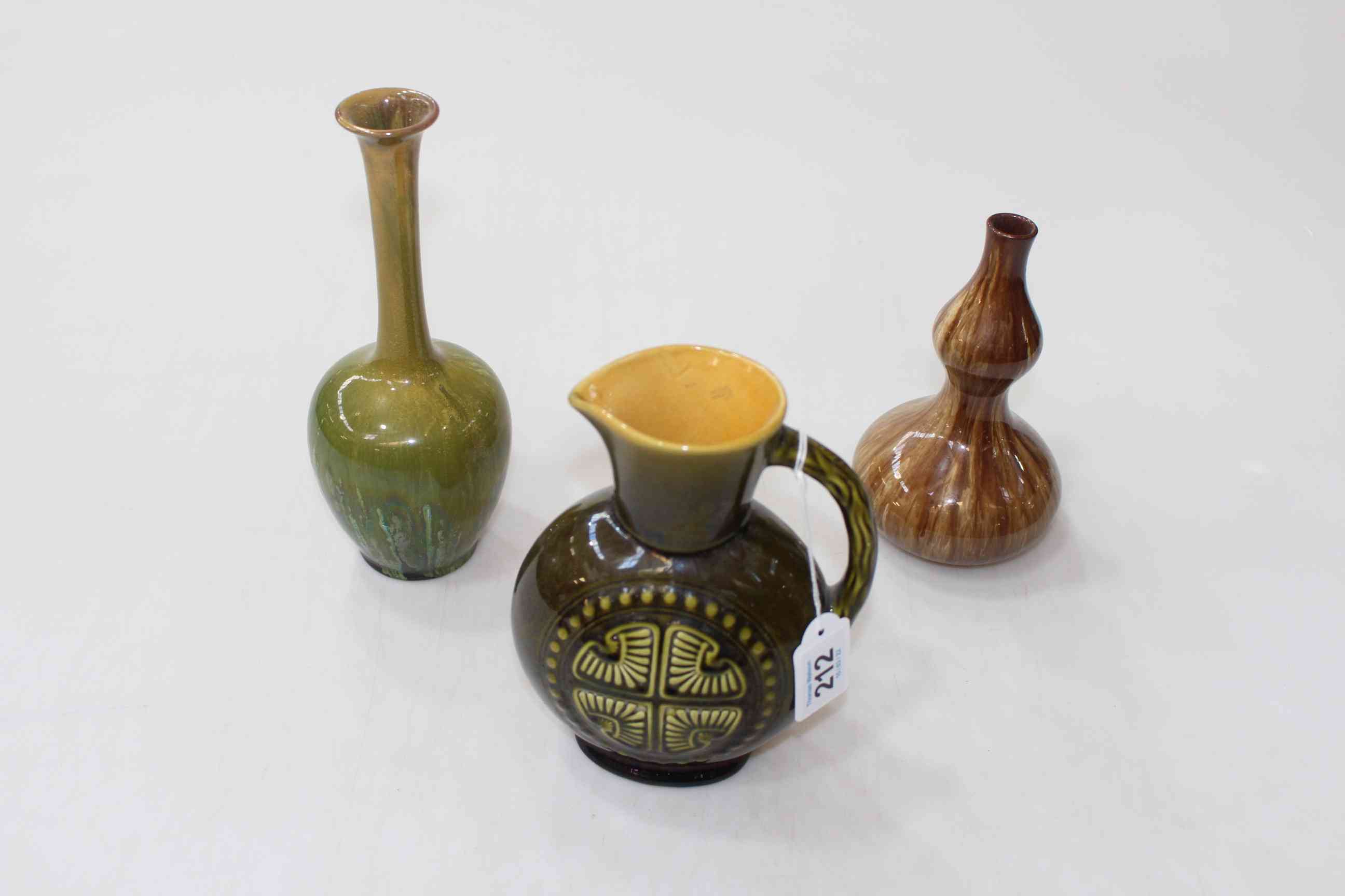 Linthorpe jug, no. 928, Chr. Dresser double gourd vase, and slender neck vase (3).
