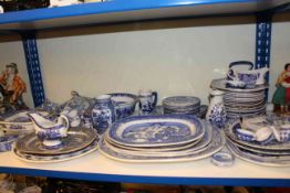 Collection of blue and white pottery including Willow pattern, Burleigh Ware, Ironstone, Delft,