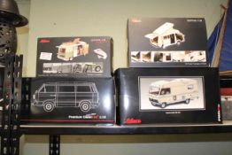 Three Schuco Campervan model vehicles and a Premium Classixxs Camper, in boxes (4).