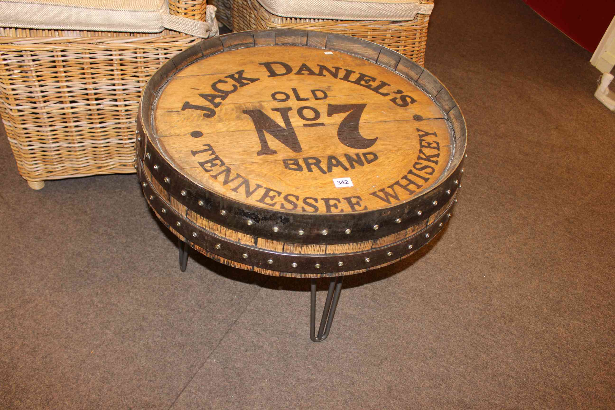 Barrel topped low table 'Jack Daniels', 47cm by 63cm diameter.