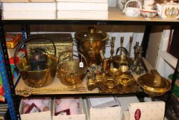 Good collection of brasswares including jam pans, lidded handled pot, magazine box, candle holders,