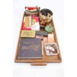 Tray lot with Carlton Rouge Royale vase, Ogdens Guinea Gold cigarette cards in album (partly full),