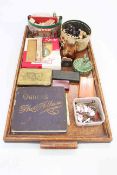 Tray lot with Carlton Rouge Royale vase, Ogdens Guinea Gold cigarette cards in album (partly full),