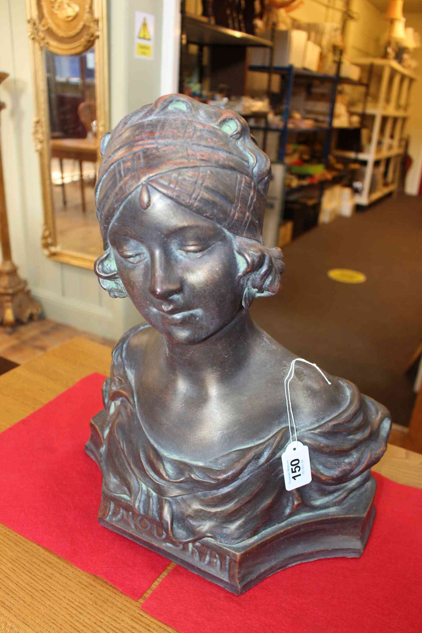 Bronze effect model of a classical bust, 42cm high.