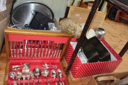 Canteen of cutlery and three boxes containing glassware, binoculars, vases, teaware, etc.