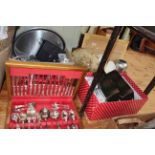 Canteen of cutlery and three boxes containing glassware, binoculars, vases, teaware, etc.