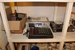 Wooden smoothing planes, clamps, Tascam mixer deck and equaliser, Sony Stereo cassette deck,