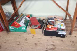 Three boxes of railway toy interest including Tri-Ang Railways, electric train set GWR, carriages,