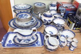 Booths Real Old Willow Pottery including tureen, teapot, dinner plates, approximately sixty pieces.