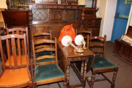 Oak court cupboard, gate leg dining table and four ladder back dining chairs (6).