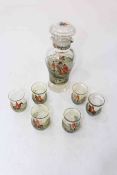 Crackle glass cordial set painted with hunting scenes.