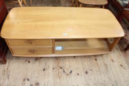 Ercol Windsor two drawer low centre storage table, 40cm by 124.5cm by 53cm.