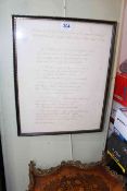 Framed verse written in honour of the Duke of Wellington's visit to Chester Le Street by Rev. I.