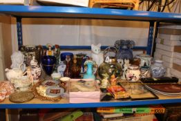 Collection of Oriental wares, Staffordshire posy holder, stamps, coloured glass, Beswick bear 'Sam',