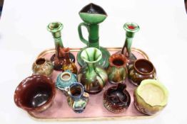 Collection of Art Pottery including Linthorpe, with small oil lamp reservoir no. 2031 (13).