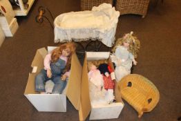 Seven dolls, rocking horse, chair and pram.