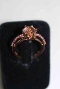 9 carat rose gold morganite and pink sapphire ring, size P/Q.