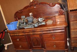 Victorian mahogany leaf and berry carved back chiffonier, 162cm by 179cm by 59cm.