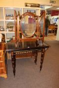 Victorian ebonised fold top table and Edwardian inlaid mahogany triple dressing mirror (2).