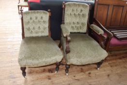Pair Victorian ladies and gents chairs in green buttoned back fabric.