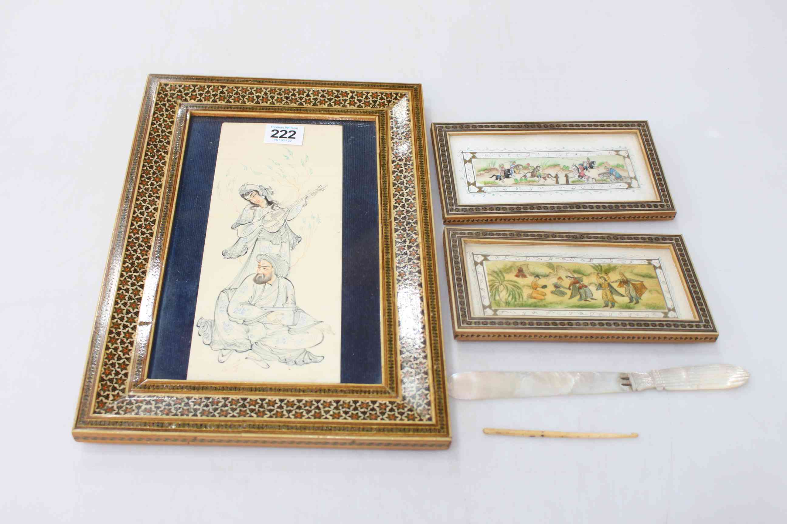Three small framed figure paintings on ivory, largest 33cm by 23cm,