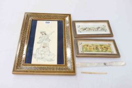 Three small framed figure paintings on ivory, largest 33cm by 23cm,