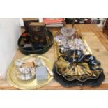 Two brass trays, EPNS, cased EP napkin rings, quantity of papier mache, etc.