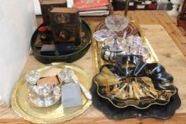 Two brass trays, EPNS, cased EP napkin rings, quantity of papier mache, etc.