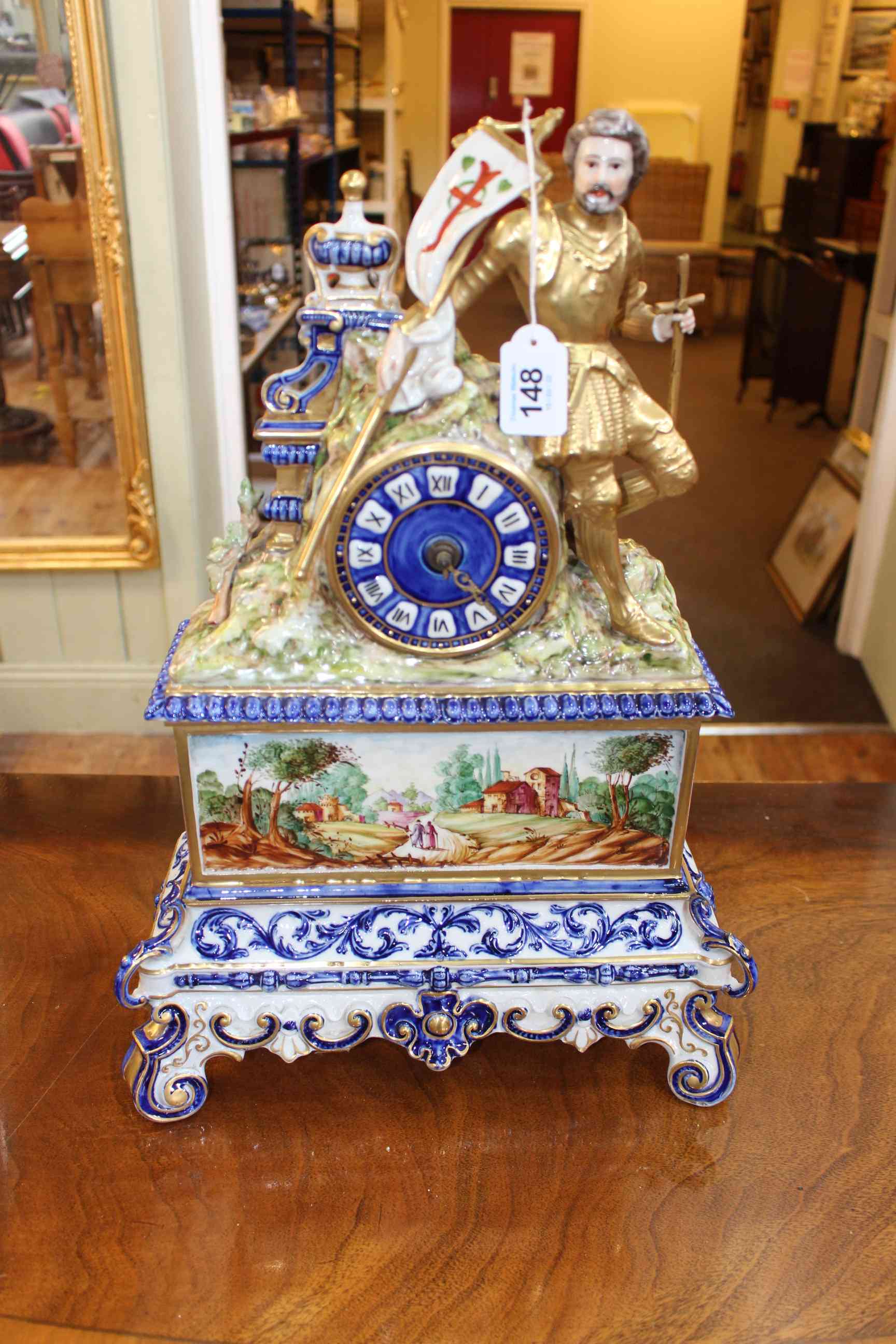 Continental porcelain clock, 47cm high.