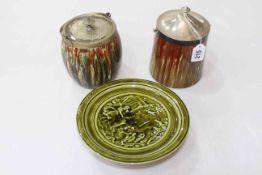 Linthorpe moulded tazza 2084, and two biscuit jars, 945 and 1433 (3).