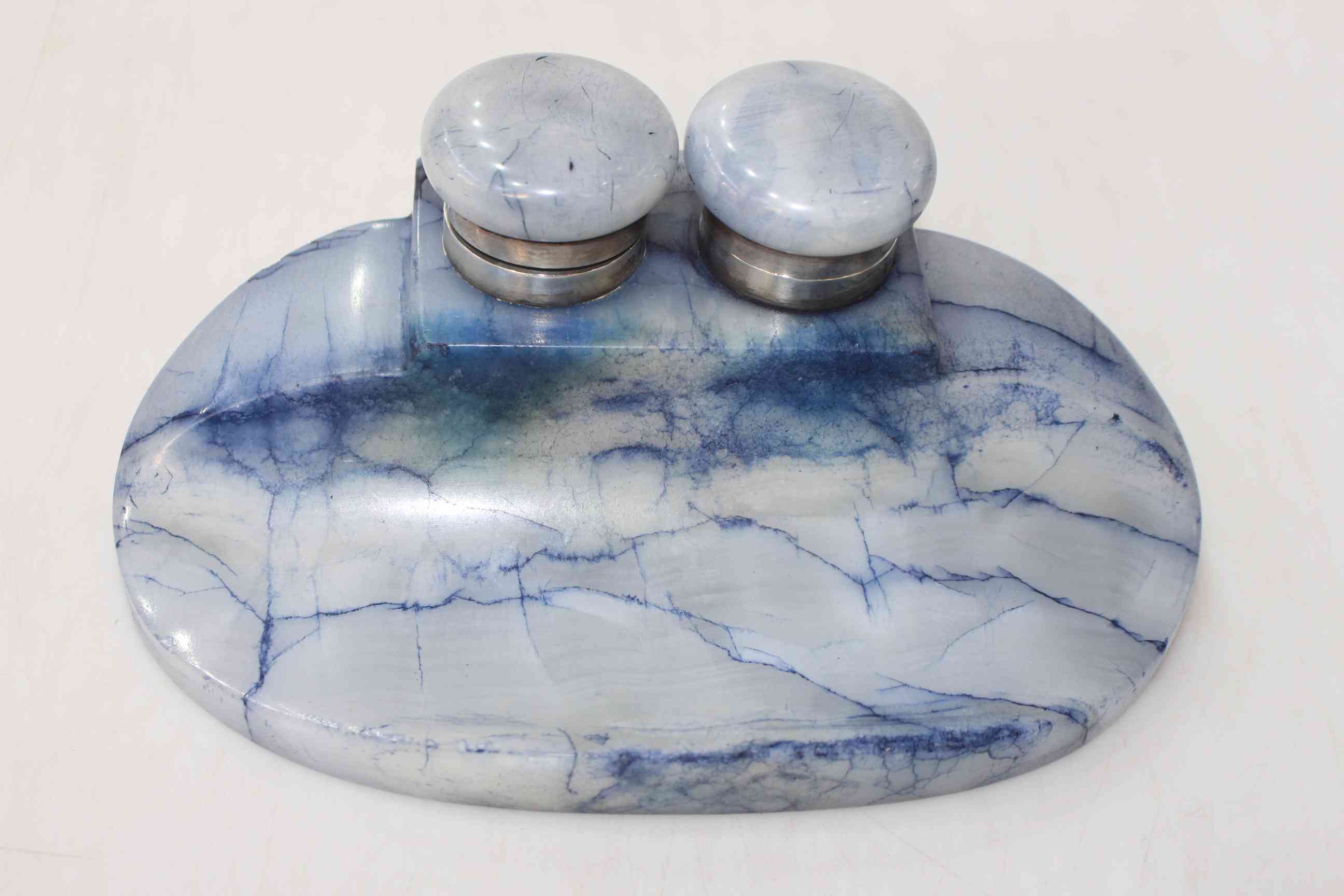 Art Deco silver mounted blue marble inkstand, London 1919, 23cm across.