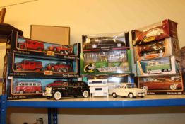 Collection of model toy vehicles including Maisto, Solido, Motormax, Quaker State, etc.