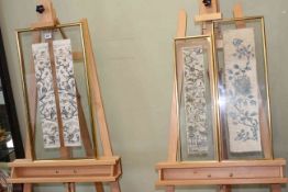 Four Forbidden Stitch Peking Knot Chinese sleeve panels in three glazed frames,