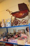 Collection of dolls, dolls furniture including Sindy's Own Wardrobe, vintage pram, etc.