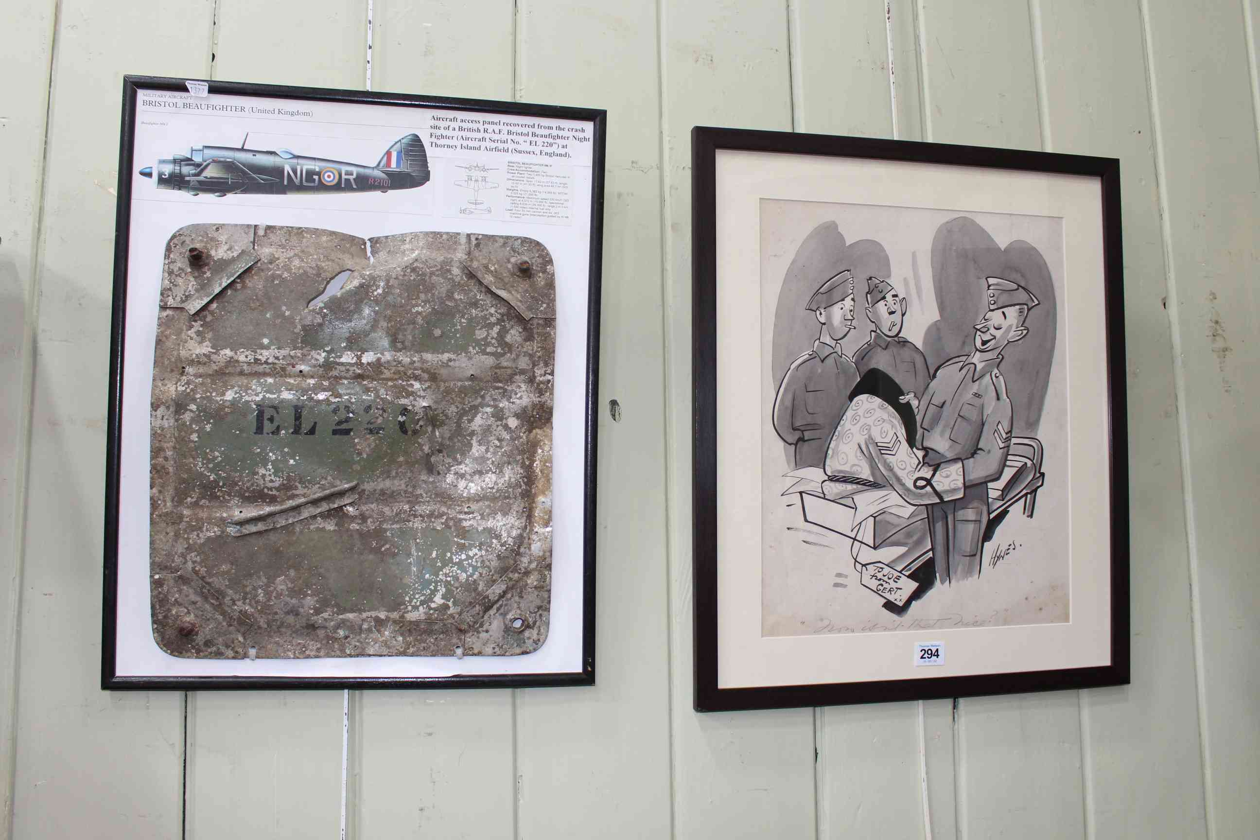 Hynes, humorous Military print and framed panel of a Bristol Beaufighter recovered from a crash (2).