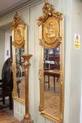 Pair rectangular gilt portrait and bevelled wall mirrors, 179cm by 52cm.