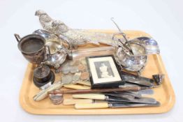 Tray lot including silver plated pheasants, silver topped jars, EP wares, etc.