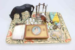 Tray lot with silver cigarette case, silver spoon and mounted manicure set, ERII tin,