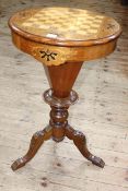 Victorian circular inlaid chess top sewing table on tripod base, 74cm by 44cm diameter.