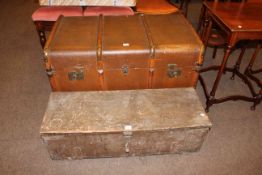 Vintage canvas and wood bound trunk, along with tool box and contents (2).